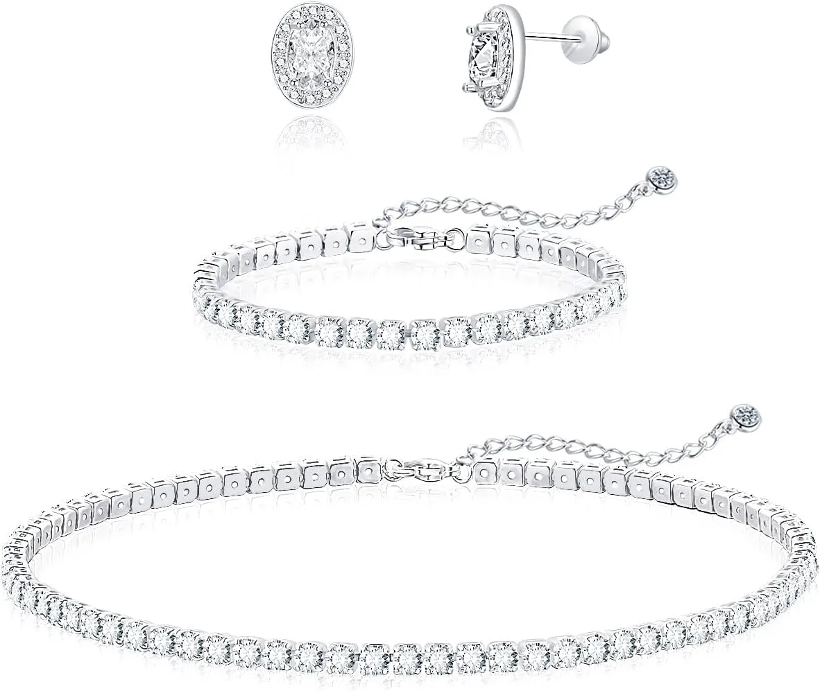 DIBOLA Tennis Necklaces for Women, Silver Jewelry Set Silver Tennis Choker Necklace and Earrings Sets Wedding Jewelry Sets for Bride, Bridal Prom Jewelry Set