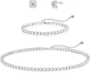 DIBOLA Tennis Necklaces for Women, Silver Jewelry Set Silver Tennis Choker Necklace and Earrings Sets Wedding Jewelry Sets for Bride, Bridal Prom Jewelry Set