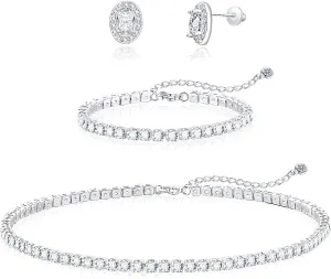 DIBOLA Tennis Necklaces for Women, Silver Jewelry Set Silver Tennis Choker Necklace and Earrings Sets Wedding Jewelry Sets for Bride, Bridal Prom Jewelry Set