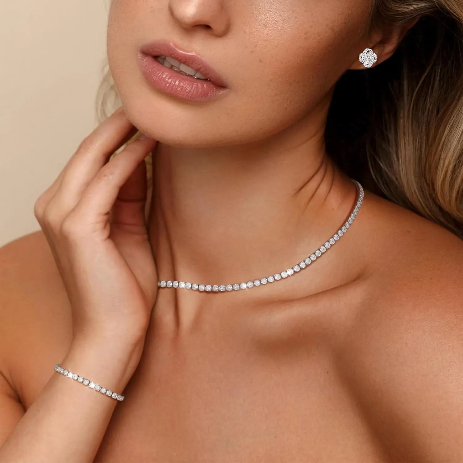 DIBOLA Tennis Necklaces for Women, Silver Jewelry Set Silver Tennis Choker Necklace and Earrings Sets Wedding Jewelry Sets for Bride, Bridal Prom Jewelry Set