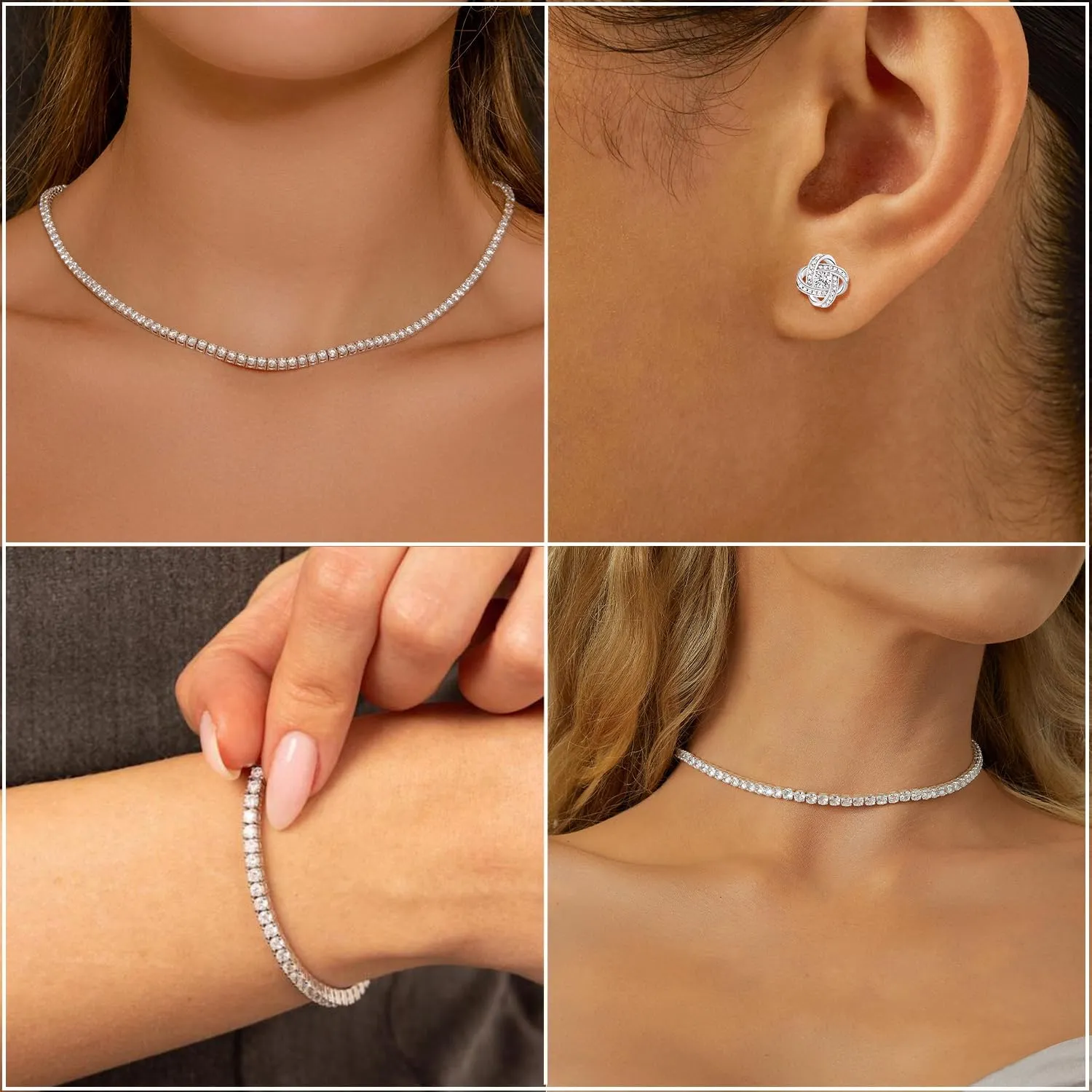DIBOLA Tennis Necklaces for Women, Silver Jewelry Set Silver Tennis Choker Necklace and Earrings Sets Wedding Jewelry Sets for Bride, Bridal Prom Jewelry Set