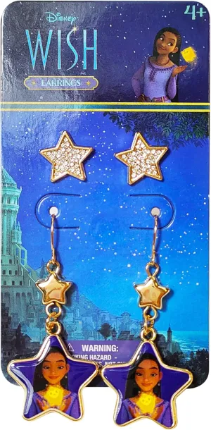 Disney Jewelry: 2 Disney Wish Hypoallergenic Earrings for Girls (1 Star Stud Earrings & 1 Fishhook Drop) Earring Sets with Charms One Size Fits All Girls Earrings, Disney Accessories for Girls Ages 4 