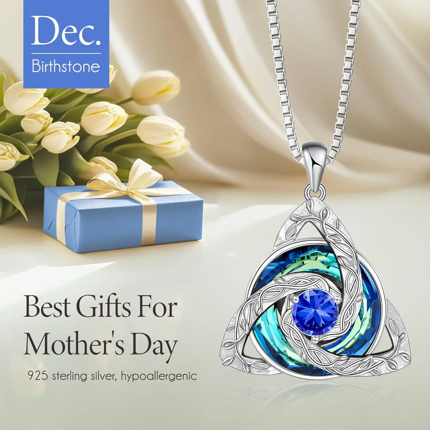 Distance Celtic Birthstone Necklace for Women, 925 Sterling Silver Trinity Knot Triquetra Austria Crystal Pendant, Birthstone Necklace Birthday Mother's Day Irish Scottish Gifts for Her