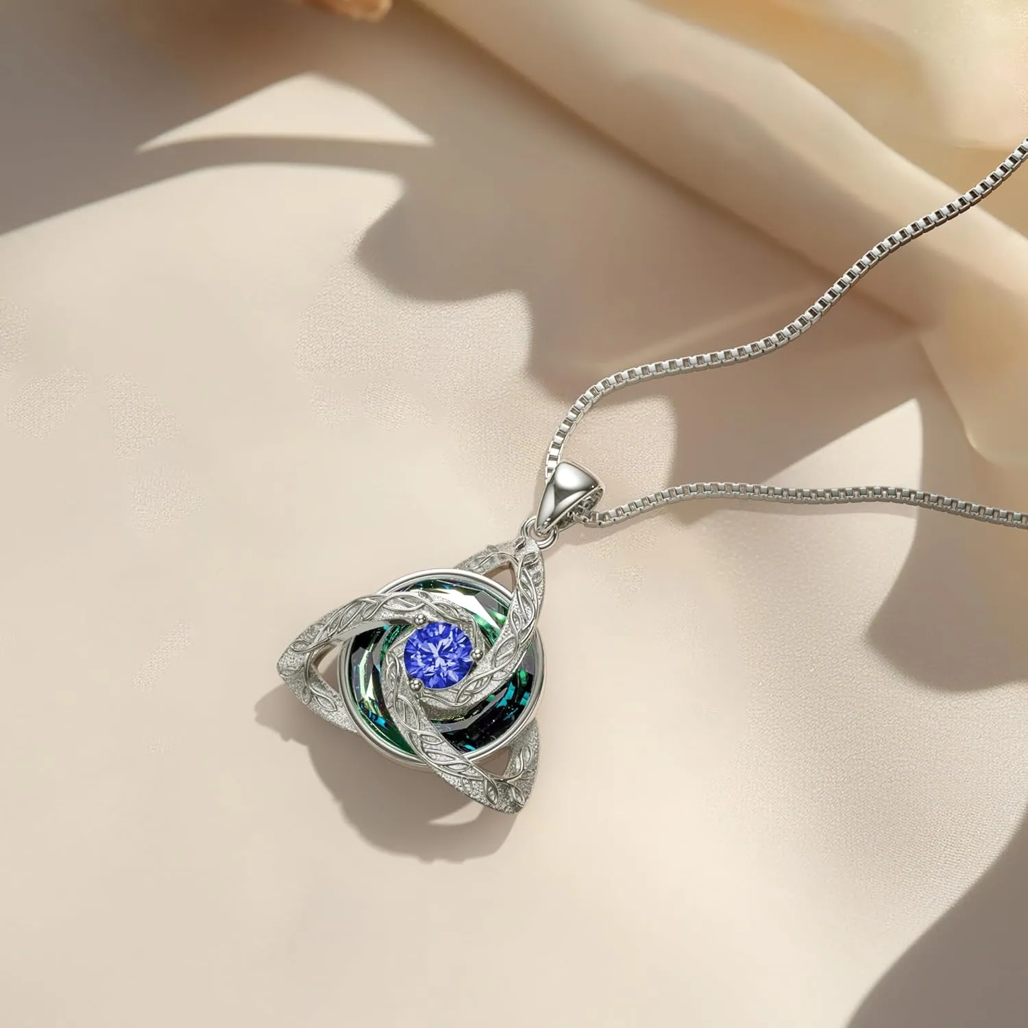 Distance Celtic Birthstone Necklace for Women, 925 Sterling Silver Trinity Knot Triquetra Austria Crystal Pendant, Birthstone Necklace Birthday Mother's Day Irish Scottish Gifts for Her