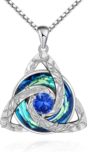 Distance Celtic Birthstone Necklace for Women, 925 Sterling Silver Trinity Knot Triquetra Austria Crystal Pendant, Birthstone Necklace Birthday Mother's Day Irish Scottish Gifts for Her