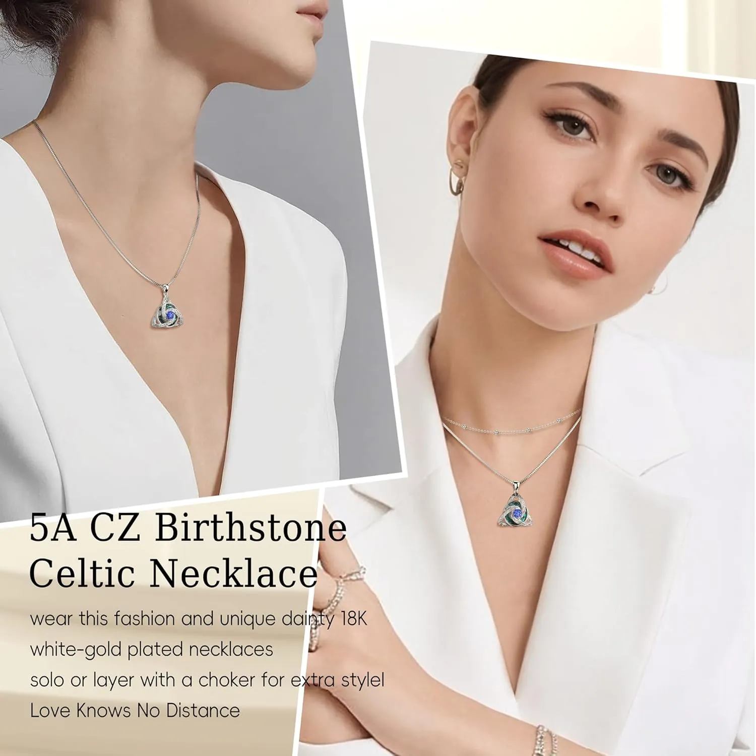 Distance Celtic Birthstone Necklace for Women, 925 Sterling Silver Trinity Knot Triquetra Austria Crystal Pendant, Birthstone Necklace Birthday Mother's Day Irish Scottish Gifts for Her