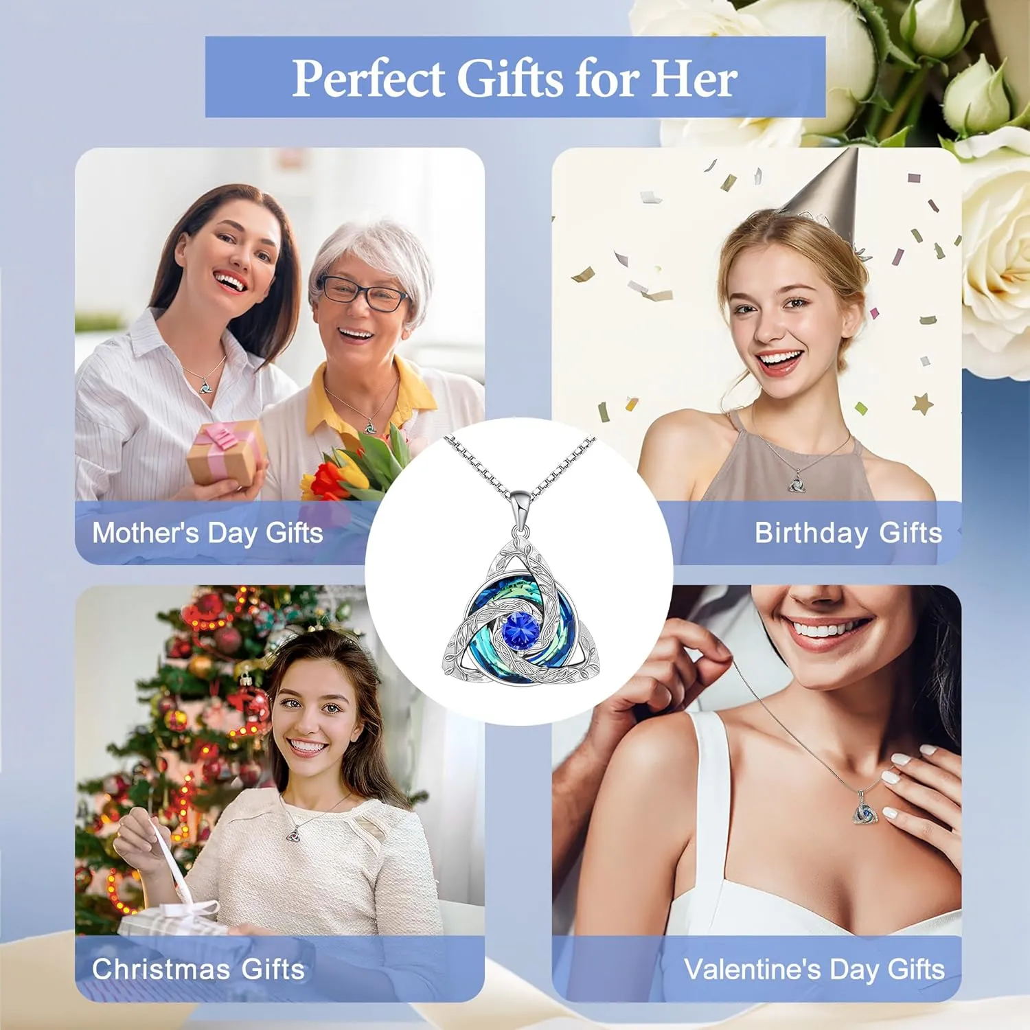 Distance Celtic Birthstone Necklace for Women, 925 Sterling Silver Trinity Knot Triquetra Austria Crystal Pendant, Birthstone Necklace Birthday Mother's Day Irish Scottish Gifts for Her