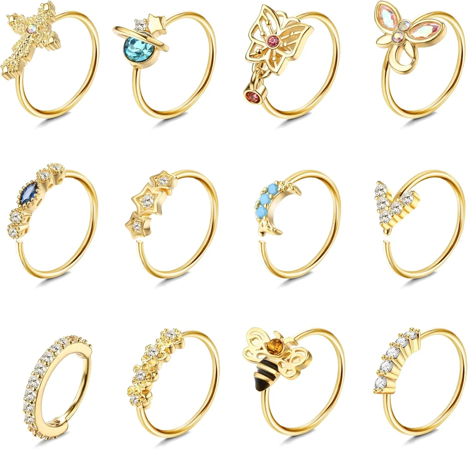 Dochais 12PCS Nose Rings Hoop 20G Nose Rings for Women Surgical Stainless Steel Nose Piercing Dangle Nose Ring Cartilage Earring Jewelry
