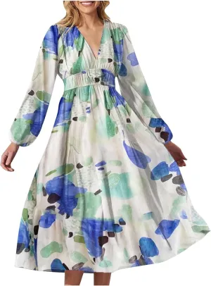 Dresses for Women 2024 Casual Fall Boho Maxi Dress Elegant Long Sleeve V Neck Printed Beach Long Flowy Dresses