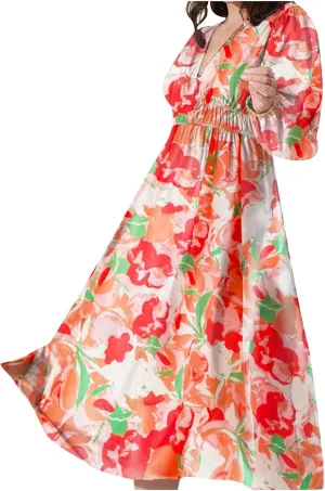 Dresses for Women 2024 Casual Fall Boho Maxi Dress Elegant Long Sleeve V Neck Printed Beach Long Flowy Dresses