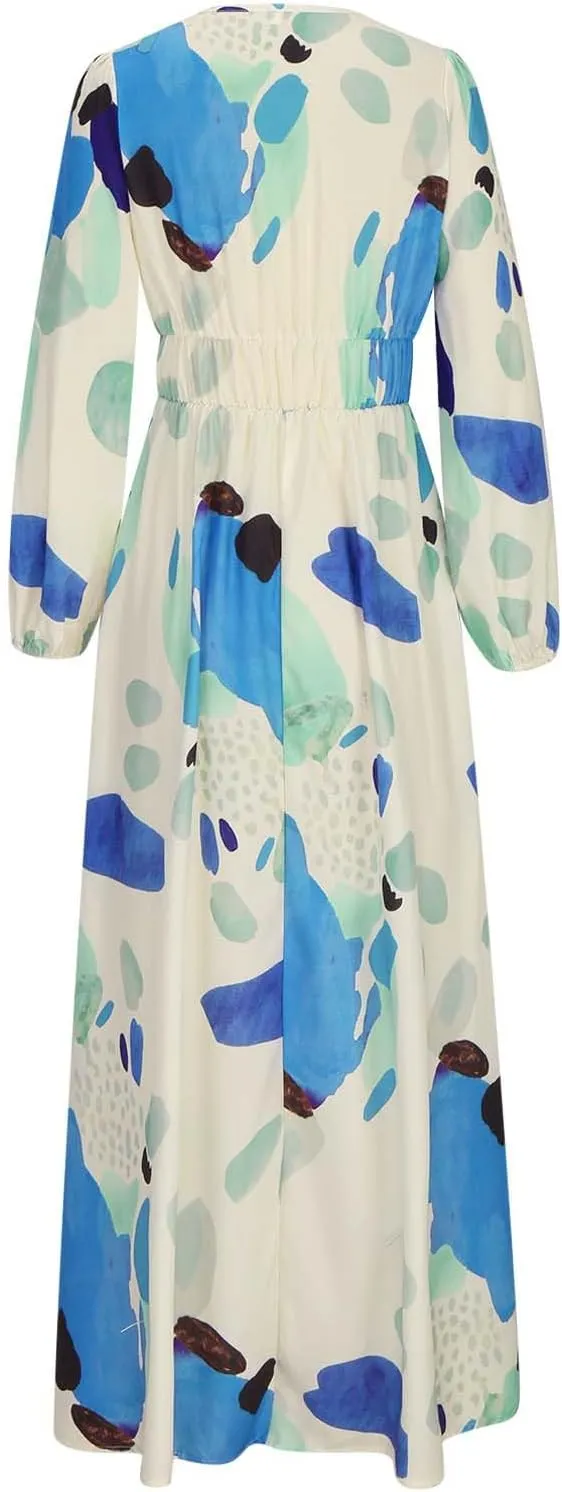 Dresses for Women 2024 Casual Fall Boho Maxi Dress Elegant Long Sleeve V Neck Printed Beach Long Flowy Dresses