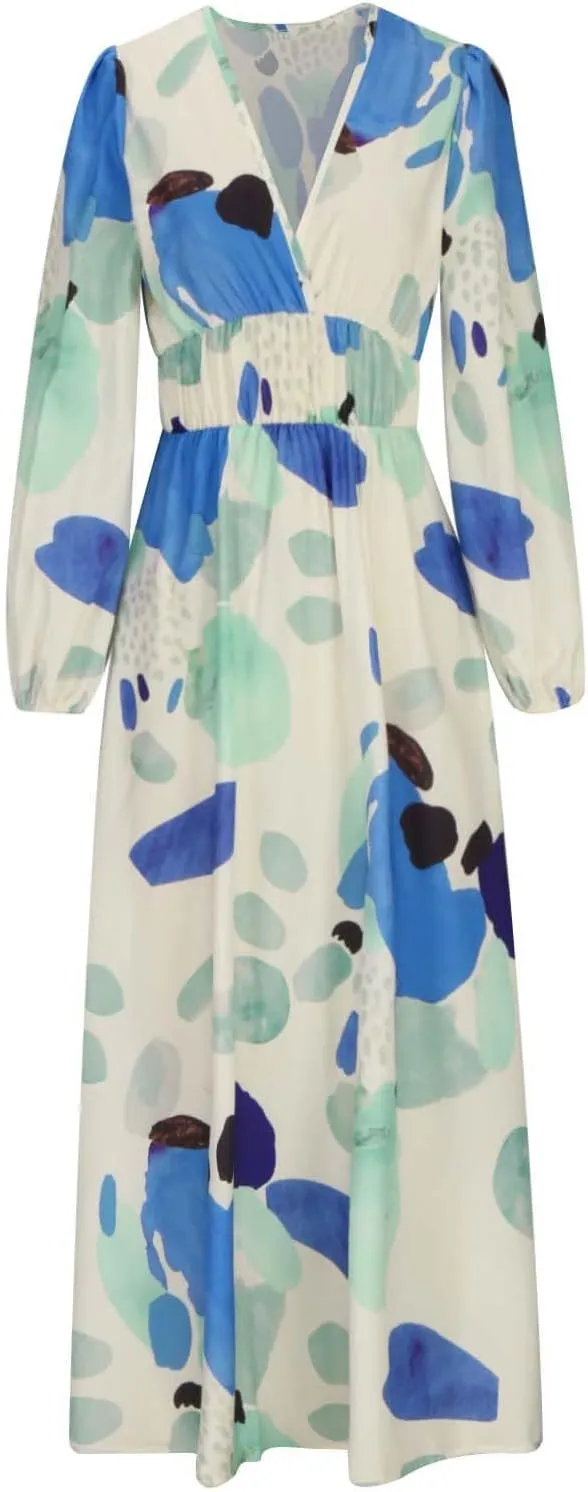 Dresses for Women 2024 Casual Fall Boho Maxi Dress Elegant Long Sleeve V Neck Printed Beach Long Flowy Dresses