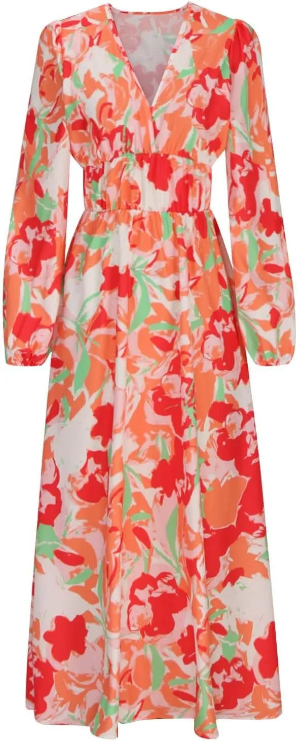Dresses for Women 2024 Casual Fall Boho Maxi Dress Elegant Long Sleeve V Neck Printed Beach Long Flowy Dresses