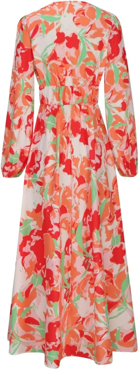 Dresses for Women 2024 Casual Fall Boho Maxi Dress Elegant Long Sleeve V Neck Printed Beach Long Flowy Dresses
