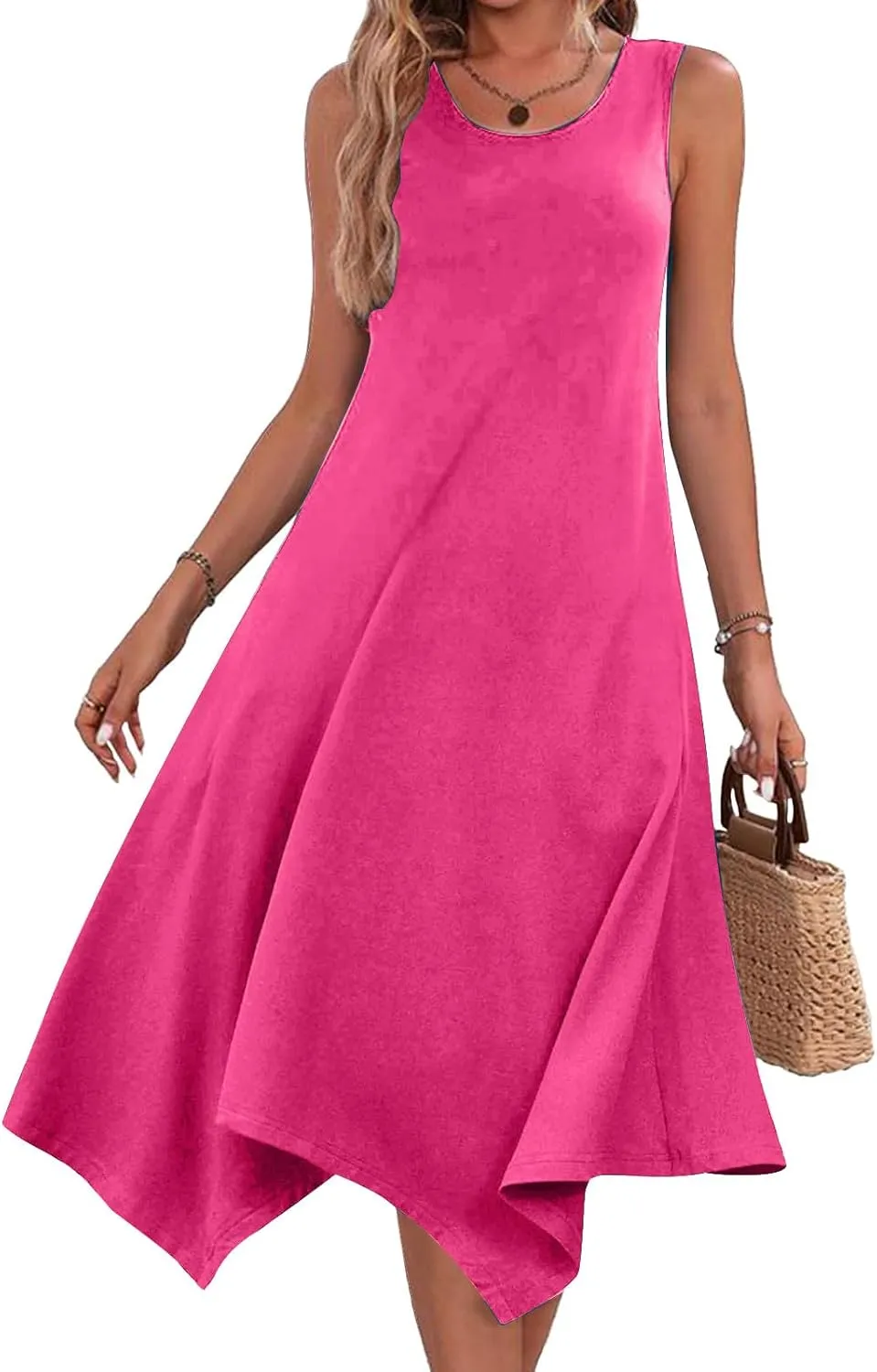 Dresses for Women 2024 Casual Summer Sleeveless Crewneck Sexy Beach Tank Dress Fashion Flowy Swing Sundresses