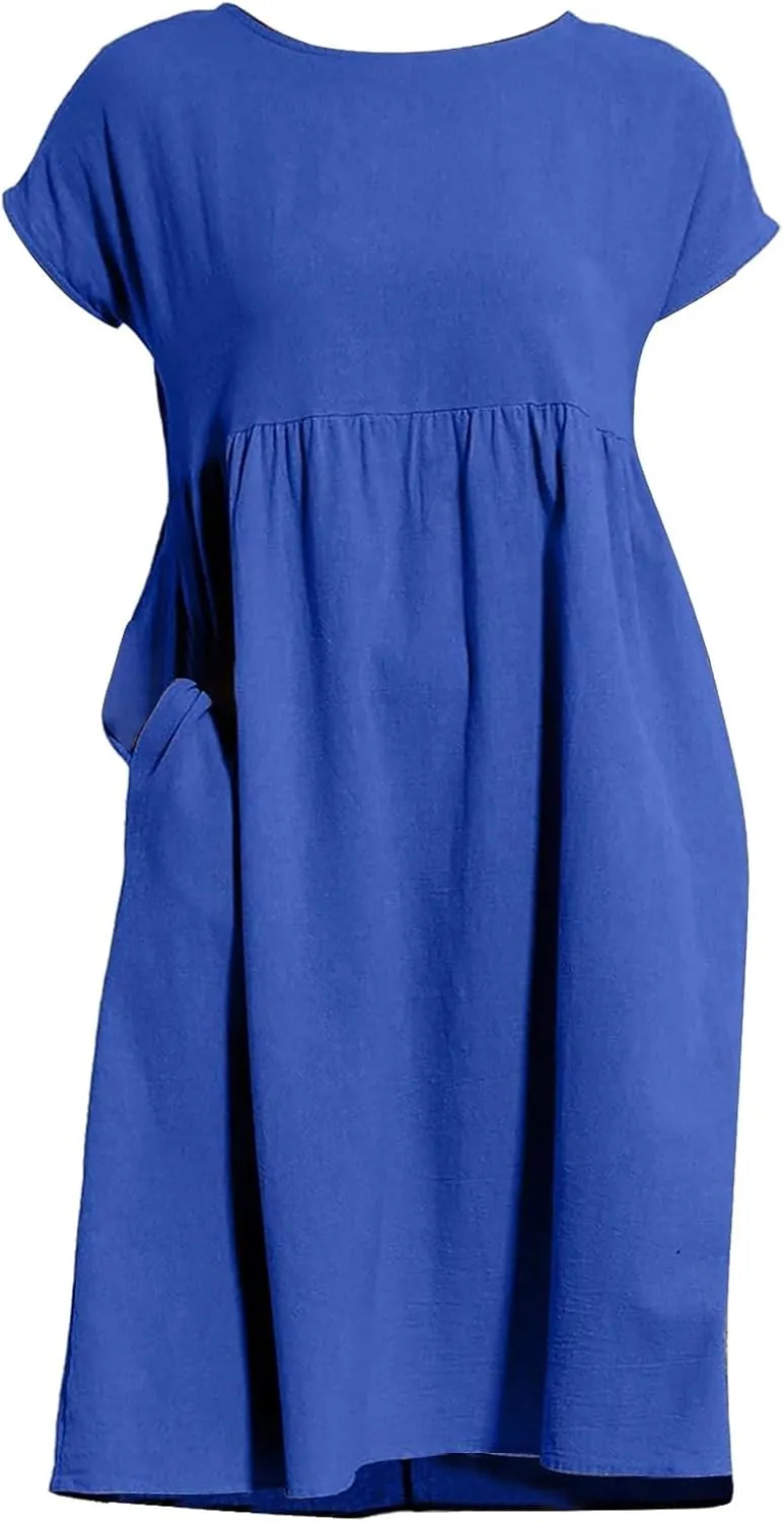 Dresses for Women Summer Plus Size Linen Short Sleeve Midi Dress Casual 2024 Beach Vacation Sundress with Pockets