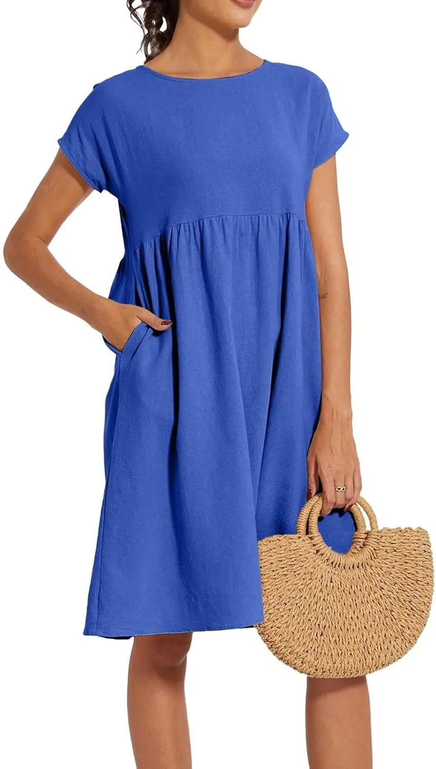 Dresses for Women Summer Plus Size Linen Short Sleeve Midi Dress Casual 2024 Beach Vacation Sundress with Pockets