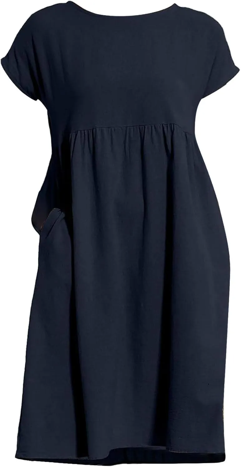 Dresses for Women Summer Plus Size Linen Short Sleeve Midi Dress Casual 2024 Beach Vacation Sundress with Pockets