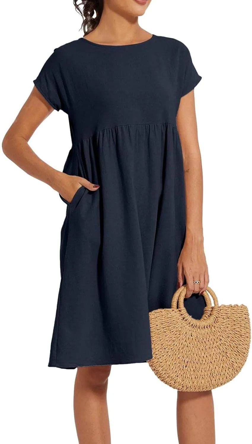 Dresses for Women Summer Plus Size Linen Short Sleeve Midi Dress Casual 2024 Beach Vacation Sundress with Pockets