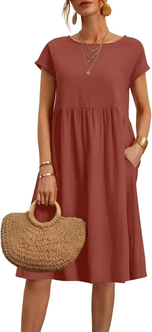 Dresses for Women Summer Plus Size Linen Short Sleeve Midi Dress Casual 2024 Beach Vacation Sundress with Pockets