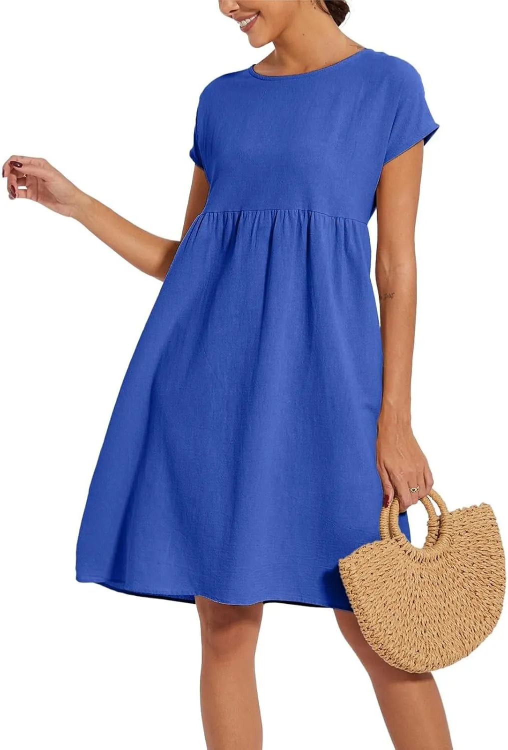 Dresses for Women Summer Plus Size Linen Short Sleeve Midi Dress Casual 2024 Beach Vacation Sundress with Pockets