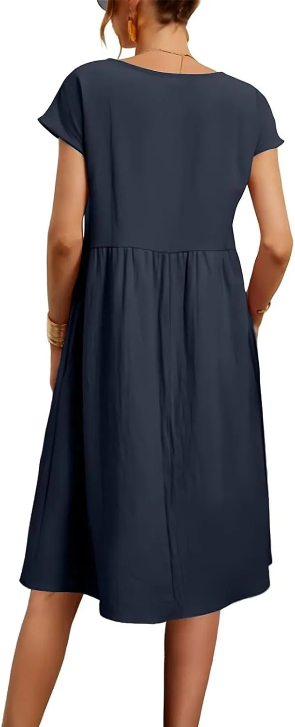 Dresses for Women Summer Plus Size Linen Short Sleeve Midi Dress Casual 2024 Beach Vacation Sundress with Pockets