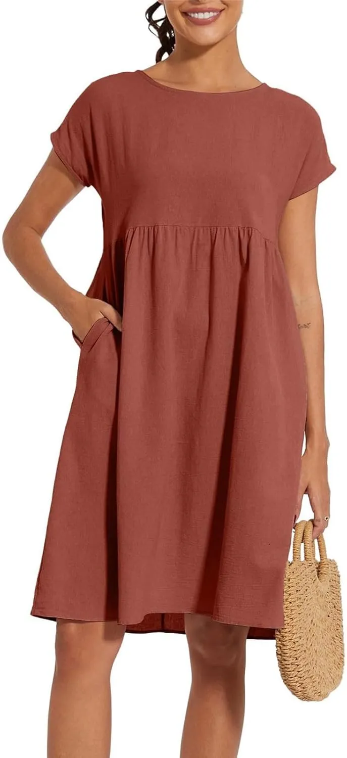 Dresses for Women Summer Plus Size Linen Short Sleeve Midi Dress Casual 2024 Beach Vacation Sundress with Pockets