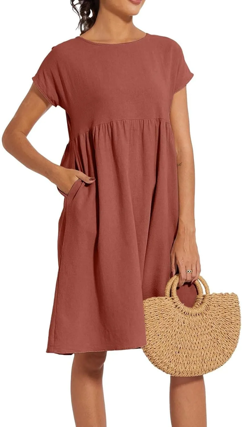 Dresses for Women Summer Plus Size Linen Short Sleeve Midi Dress Casual 2024 Beach Vacation Sundress with Pockets