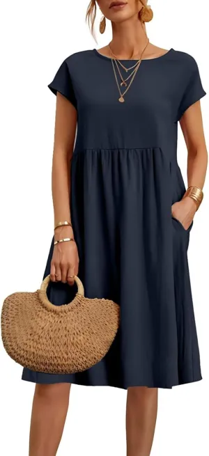 Dresses for Women Summer Plus Size Linen Short Sleeve Midi Dress Casual 2024 Beach Vacation Sundress with Pockets