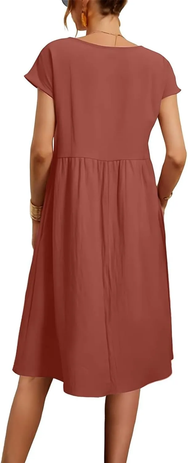 Dresses for Women Summer Plus Size Linen Short Sleeve Midi Dress Casual 2024 Beach Vacation Sundress with Pockets