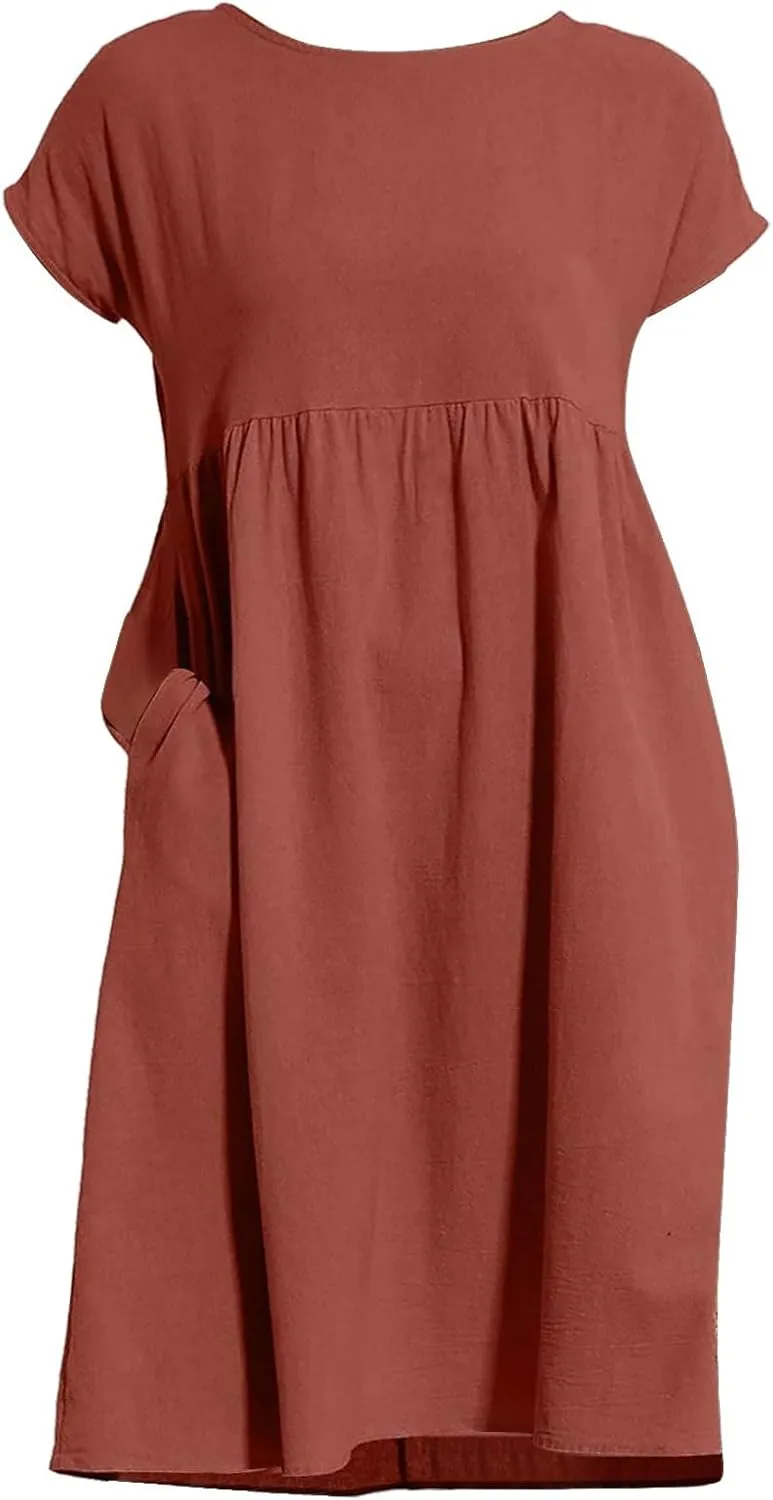Dresses for Women Summer Plus Size Linen Short Sleeve Midi Dress Casual 2024 Beach Vacation Sundress with Pockets