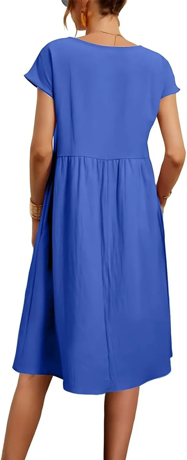 Dresses for Women Summer Plus Size Linen Short Sleeve Midi Dress Casual 2024 Beach Vacation Sundress with Pockets