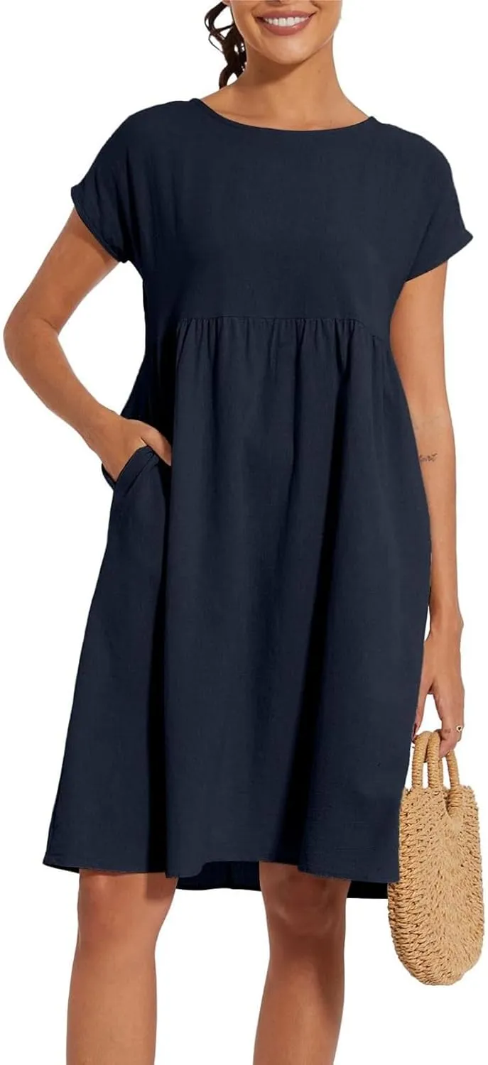 Dresses for Women Summer Plus Size Linen Short Sleeve Midi Dress Casual 2024 Beach Vacation Sundress with Pockets