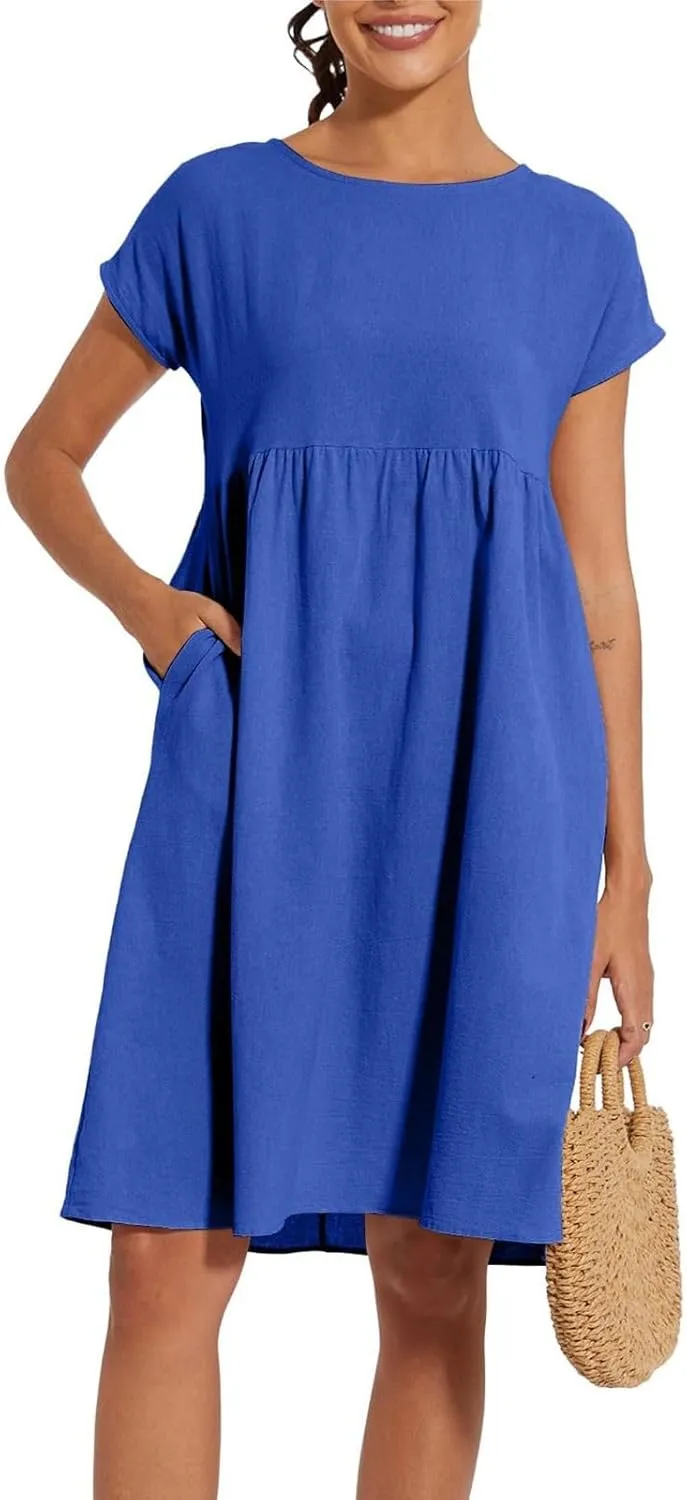 Dresses for Women Summer Plus Size Linen Short Sleeve Midi Dress Casual 2024 Beach Vacation Sundress with Pockets