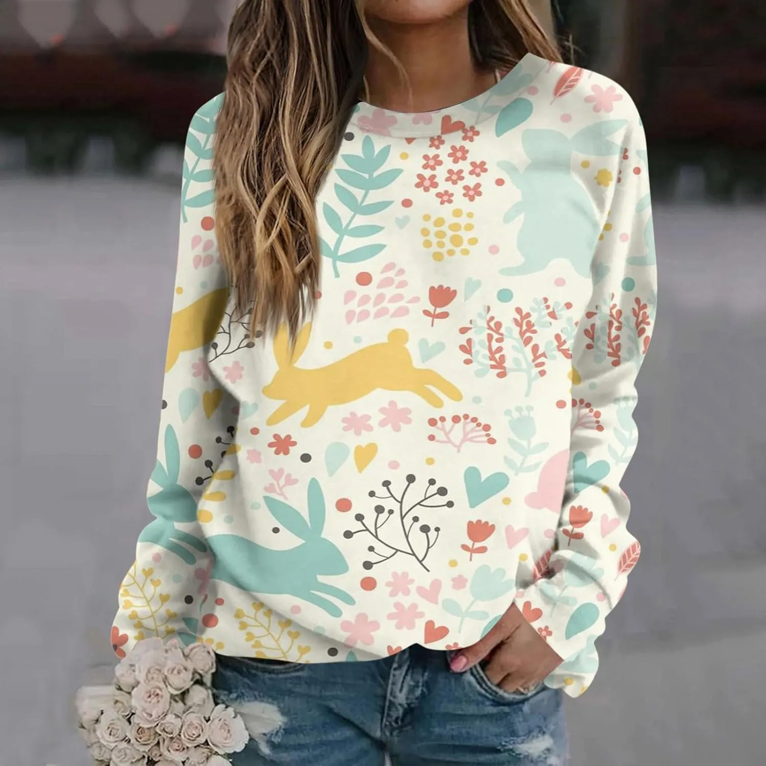 Easter Outfit Women Casual Loose Crew Neck Sweatshirts Long Sleeve Pullover Easter Eggs Bunny Print Shirts
