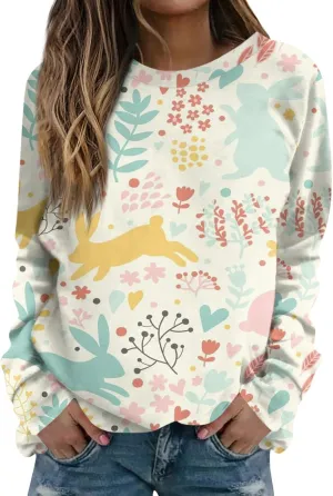 Easter Outfit Women Casual Loose Crew Neck Sweatshirts Long Sleeve Pullover Easter Eggs Bunny Print Shirts