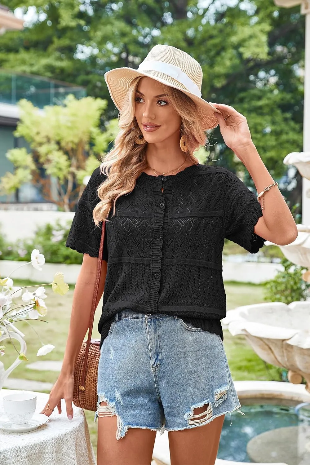 ECOWISH Summer Crochet Cardigans for Women: 2025 Lightweight Short Sleeve Crewneck Button Down Cropped Casual Sweater Tops