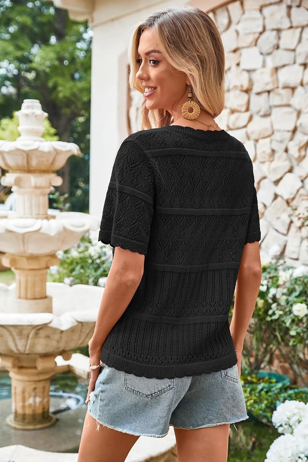 ECOWISH Summer Crochet Cardigans for Women: 2025 Lightweight Short Sleeve Crewneck Button Down Cropped Casual Sweater Tops