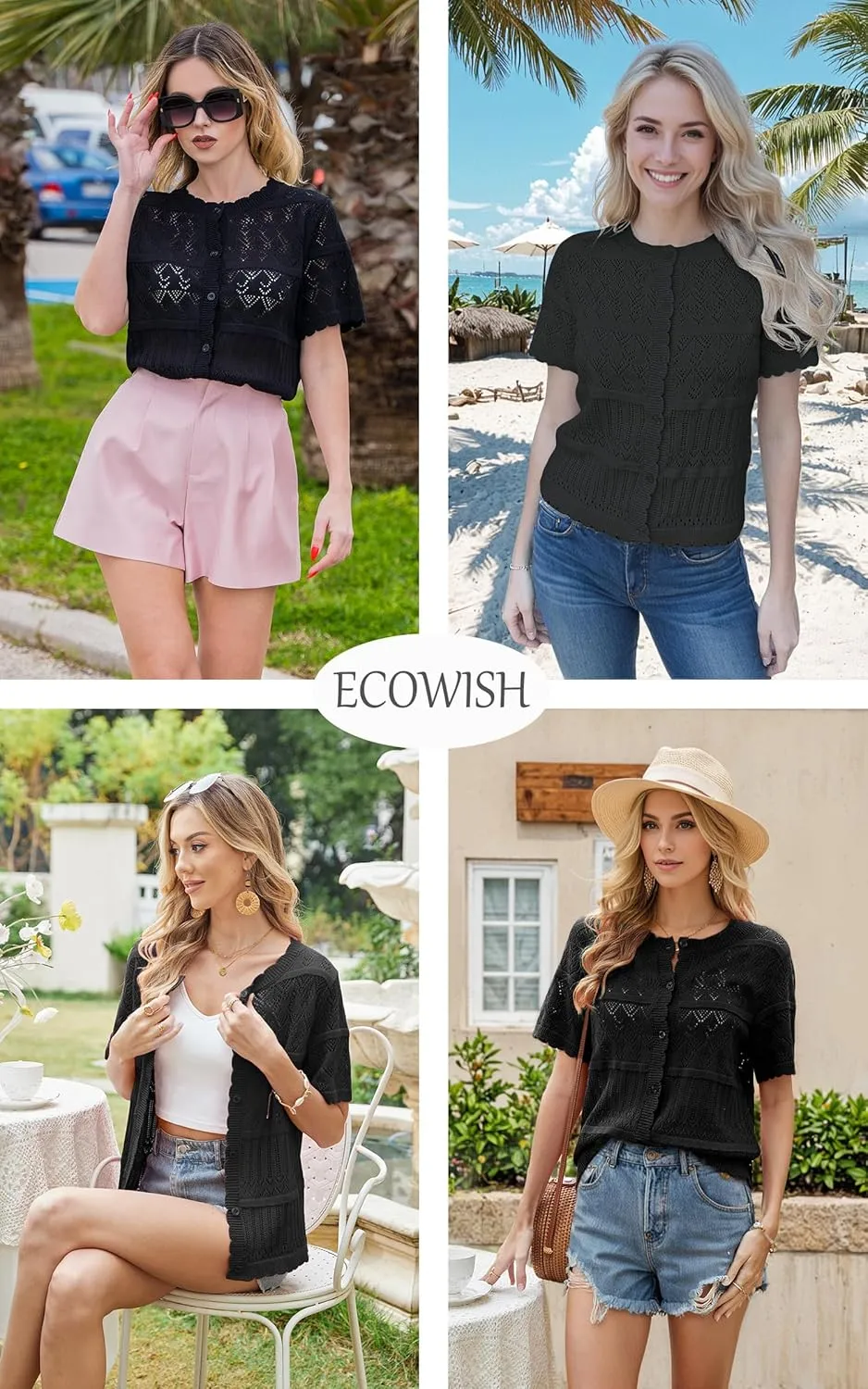 ECOWISH Summer Crochet Cardigans for Women: 2025 Lightweight Short Sleeve Crewneck Button Down Cropped Casual Sweater Tops