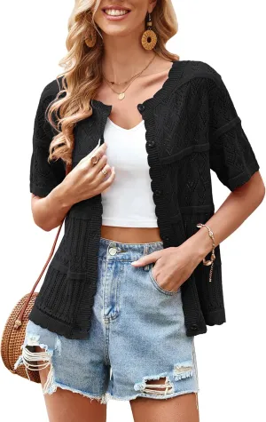 ECOWISH Summer Crochet Cardigans for Women: 2025 Lightweight Short Sleeve Crewneck Button Down Cropped Casual Sweater Tops