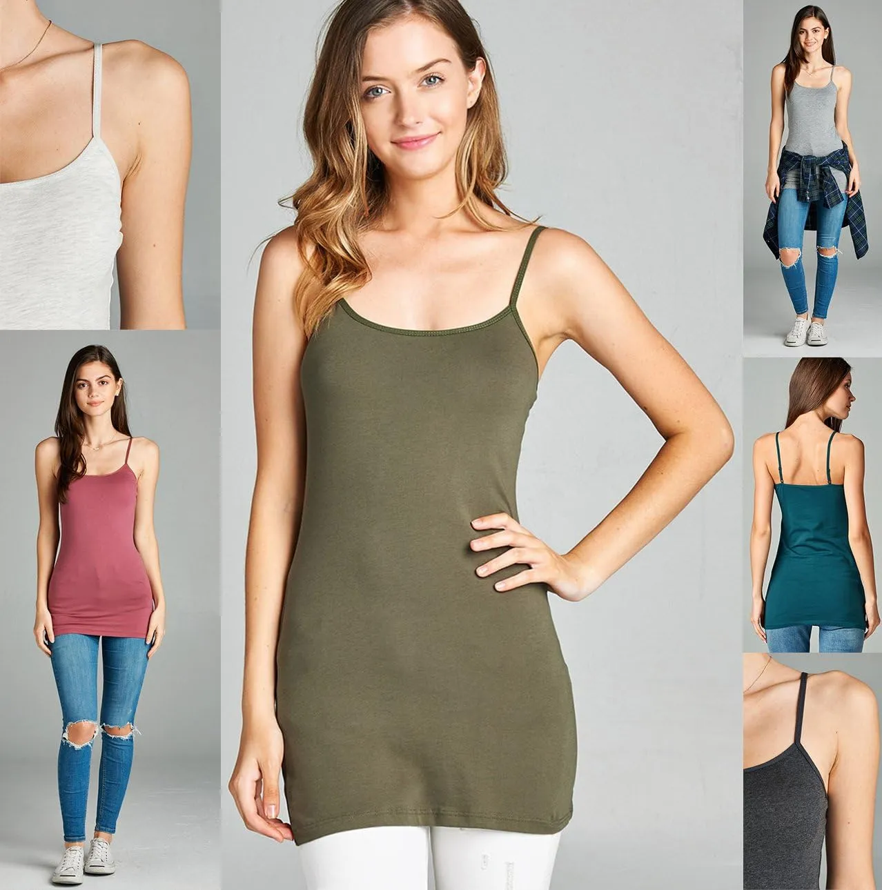 Emmalise Women's Basic Casual Long Camisole Adjustable Strap Cami Layering Top