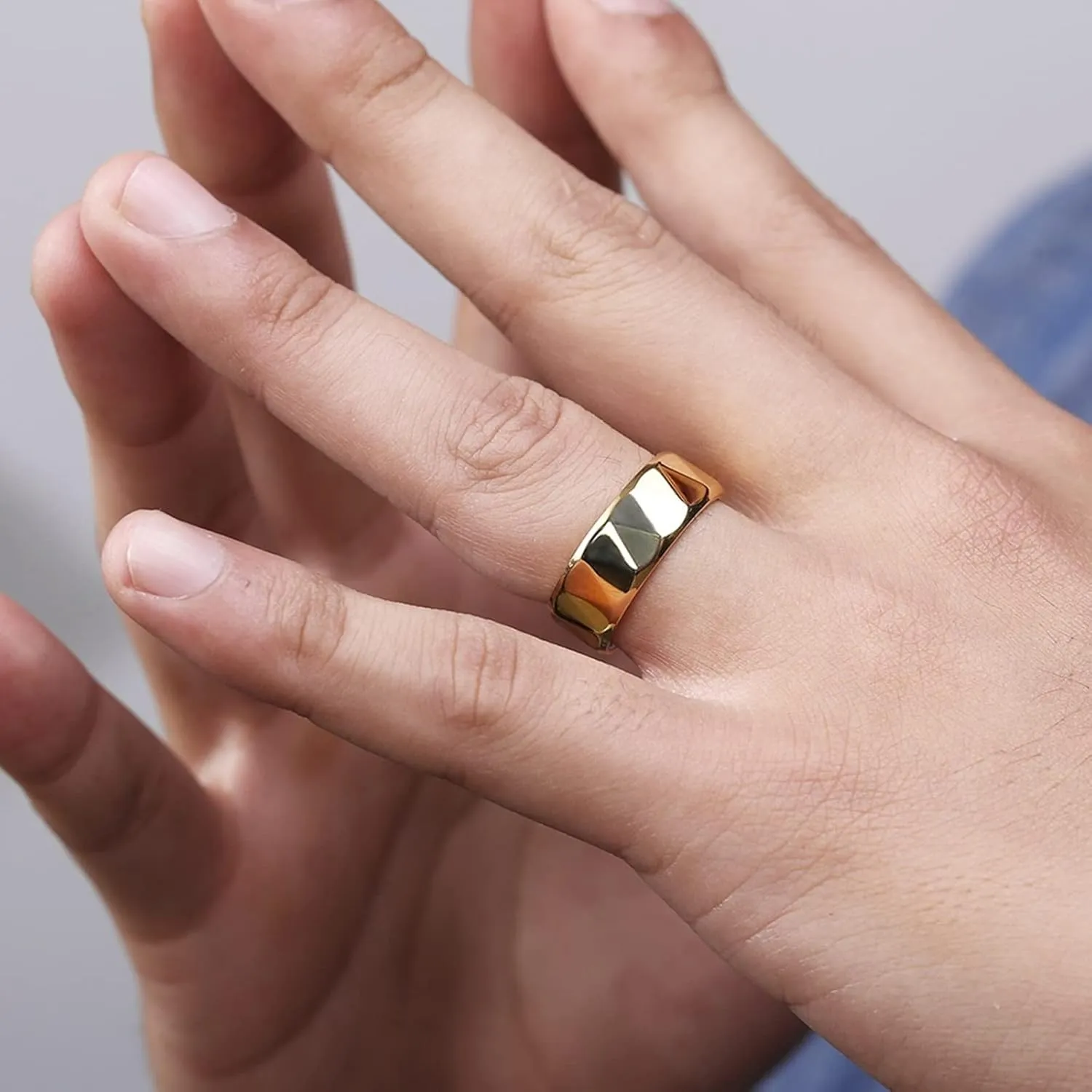 Epinki Anniversary Ring, 8MM Stainless Steel Gold Geometric Engagement Rings Jewelry 2PCS Couples Jewelry