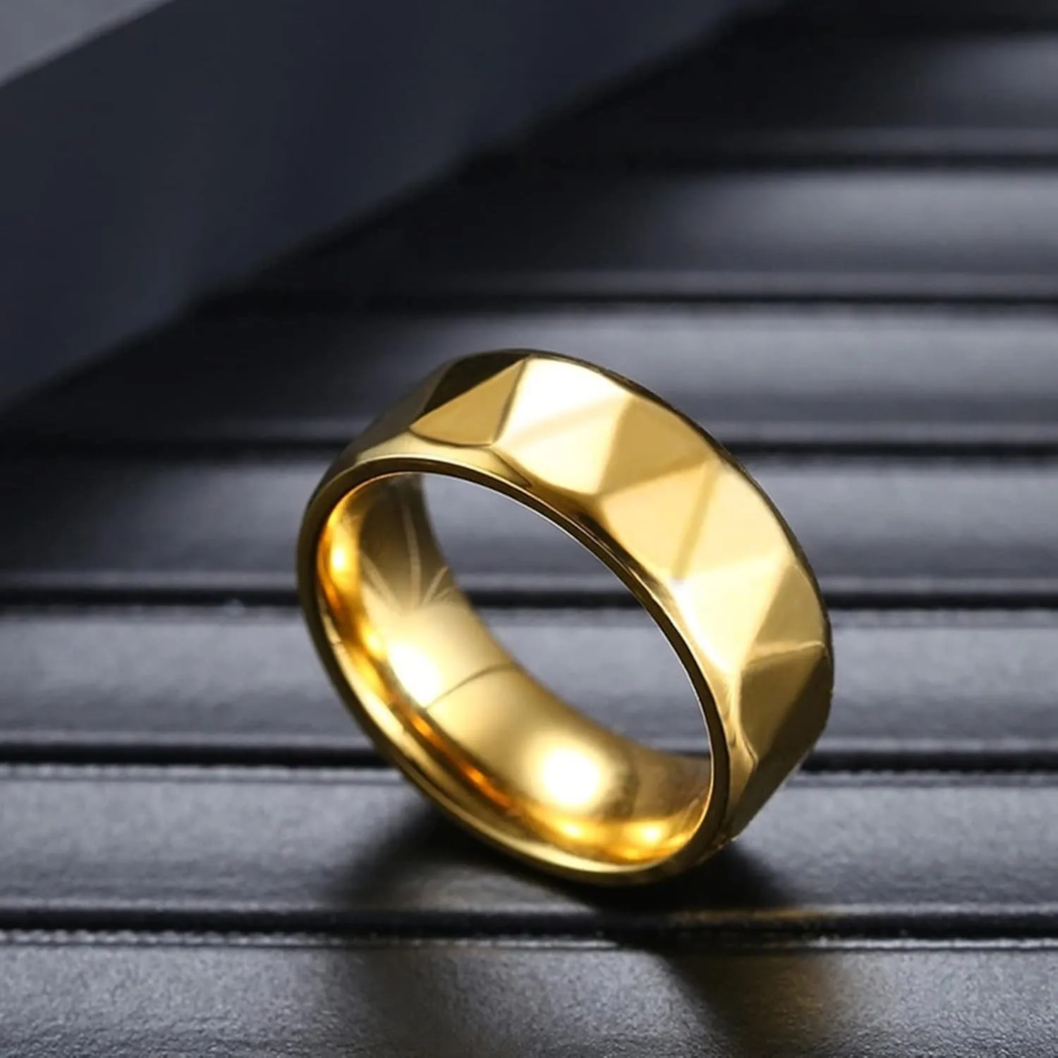Epinki Anniversary Ring, 8MM Stainless Steel Gold Geometric Engagement Rings Jewelry 2PCS Couples Jewelry
