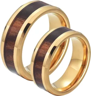 Epinki Ring Jewelry Set, 8MM Stainless Steel Gold Wood Ring Simple Promise Ring Couples Jewelry