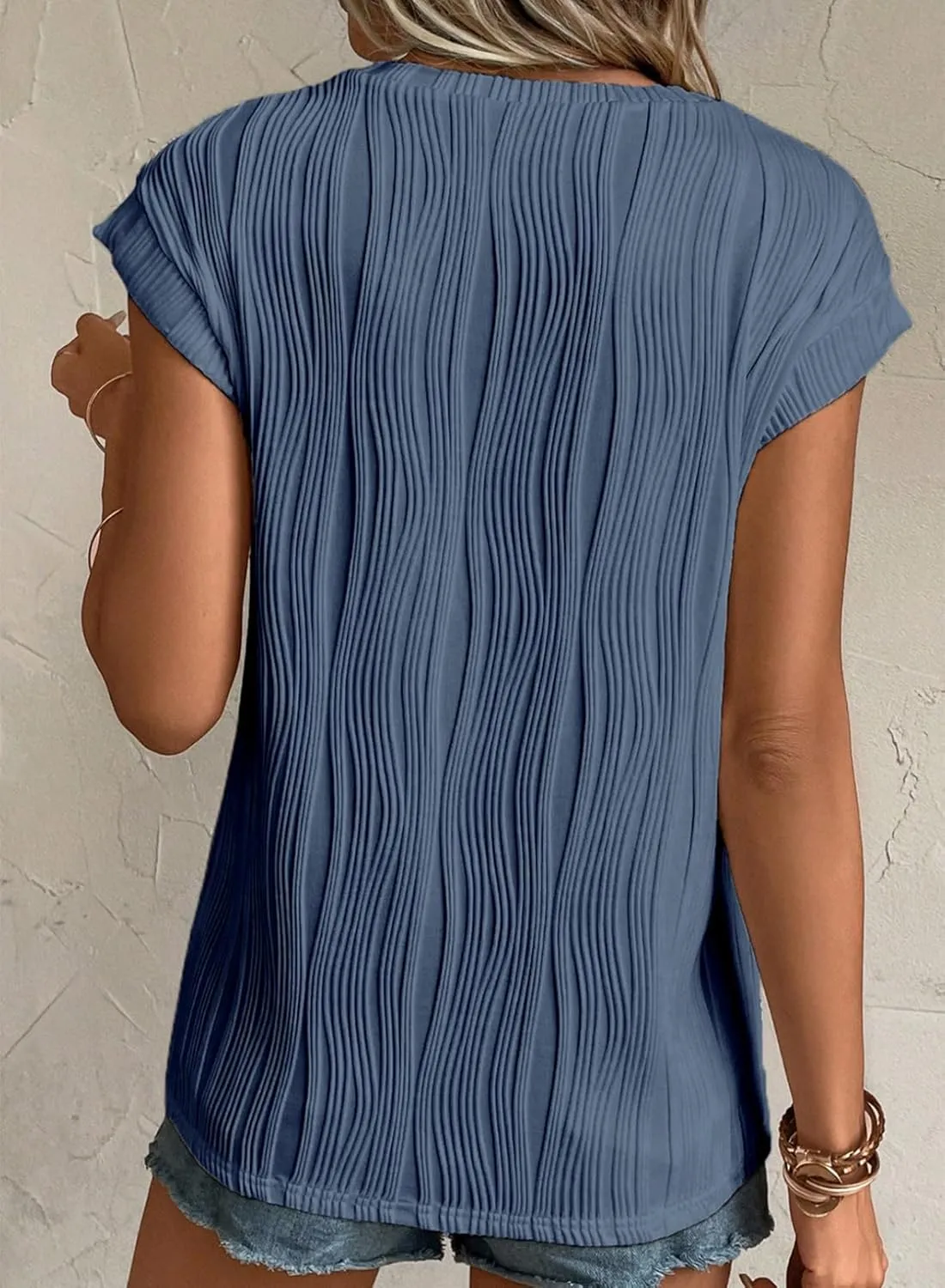 EVALESS Womens Short Sleeve Textured Tops Crewneck Knit Solid Loose Casual Basic T Shirts Tee Blouses