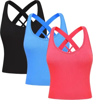 Evercute Workout Yoga Crop Tank Tops for Women 1/2/3 Pack Criss Cross Strappy Tops with Built in Bra Ribbed Seamless Tanks