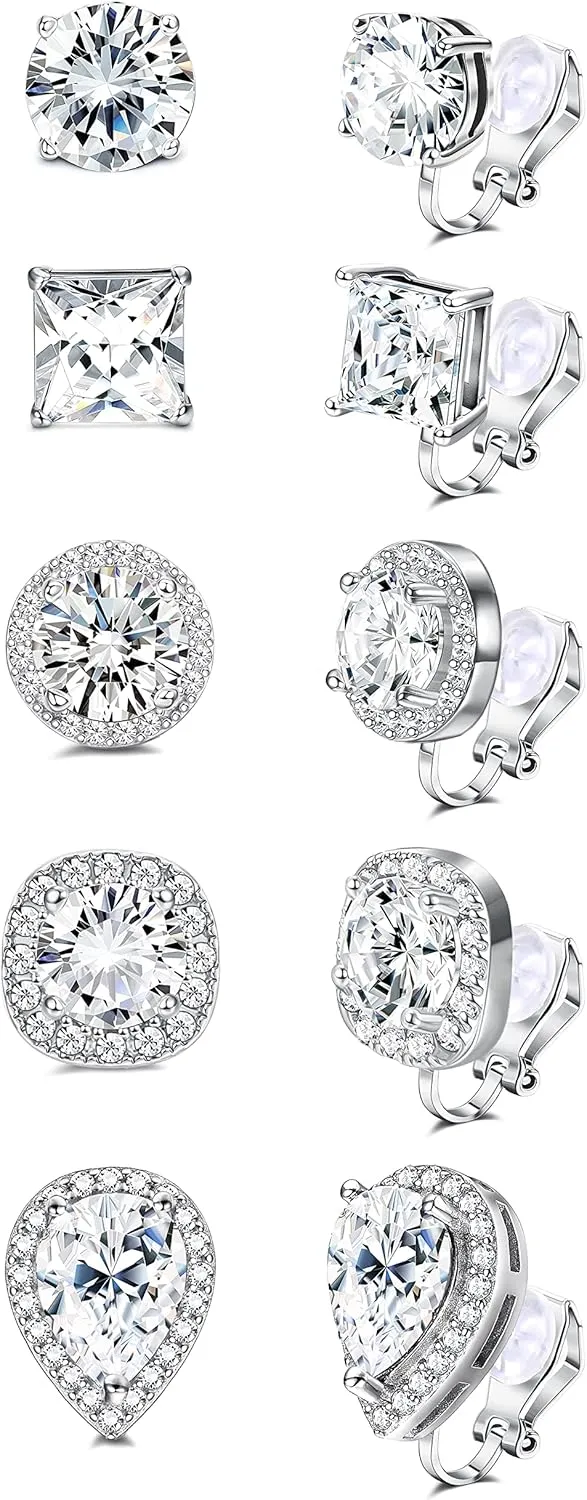 FASACCO Cubic Zirconia Clip on Earrings Women Hypoallergenic Comfortable Non Pierced Earrings for Wedding and Dance Competitions Silver Clip-on Earrings