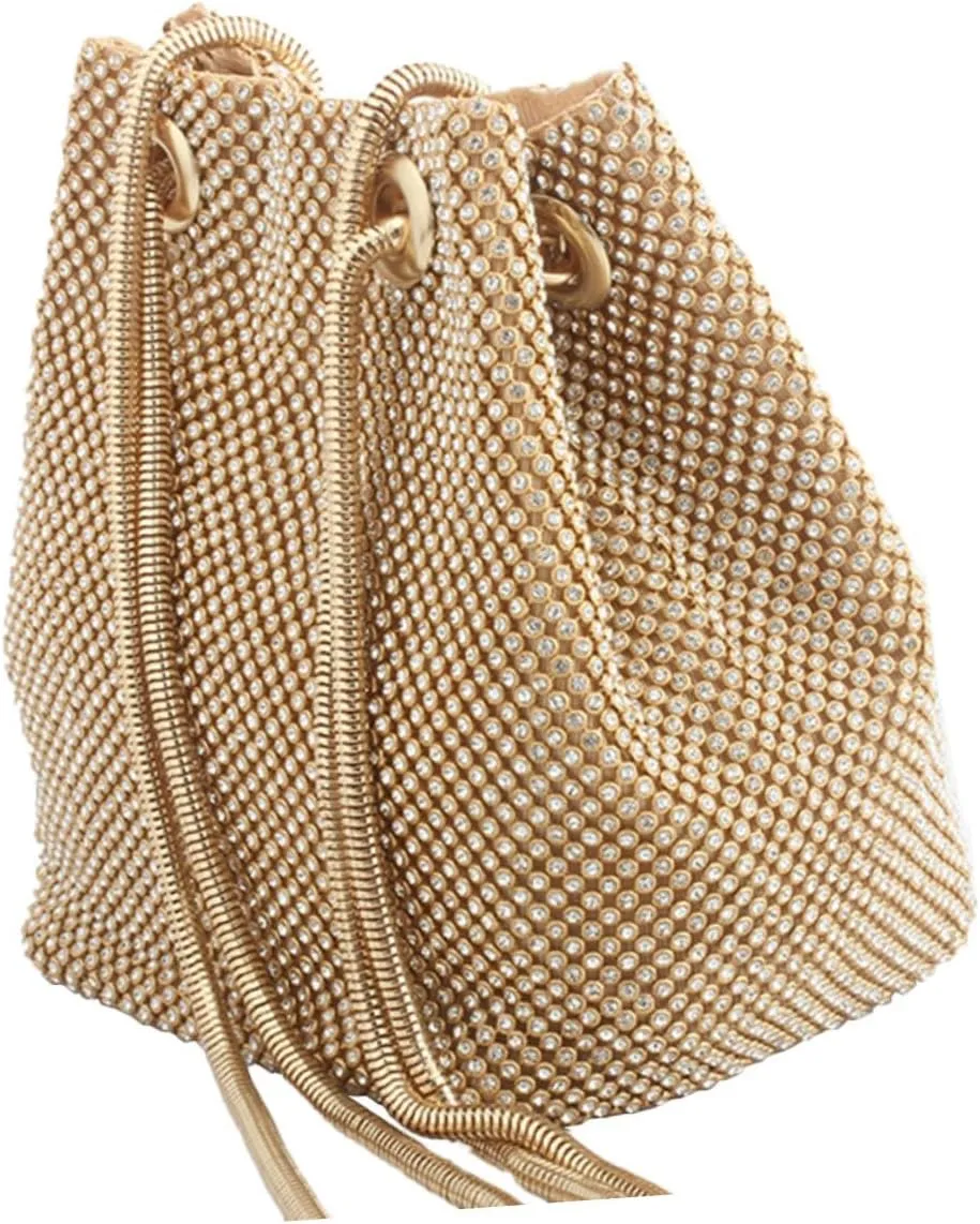 Fashionable Golden Polyester Bucket Bag with Rhinestone Detail Stylish Single Shoulder Handbag for Evening Events and Parties for Ladies and