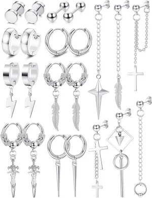 Fiasaso 22Pcs Dangle Earrings for Men Stainless Steel Hinged Hoop Earrings Long Chain Stud Cross Dangle Earrings Set Kpop Earrings for Mens Black, Silver and Gold
