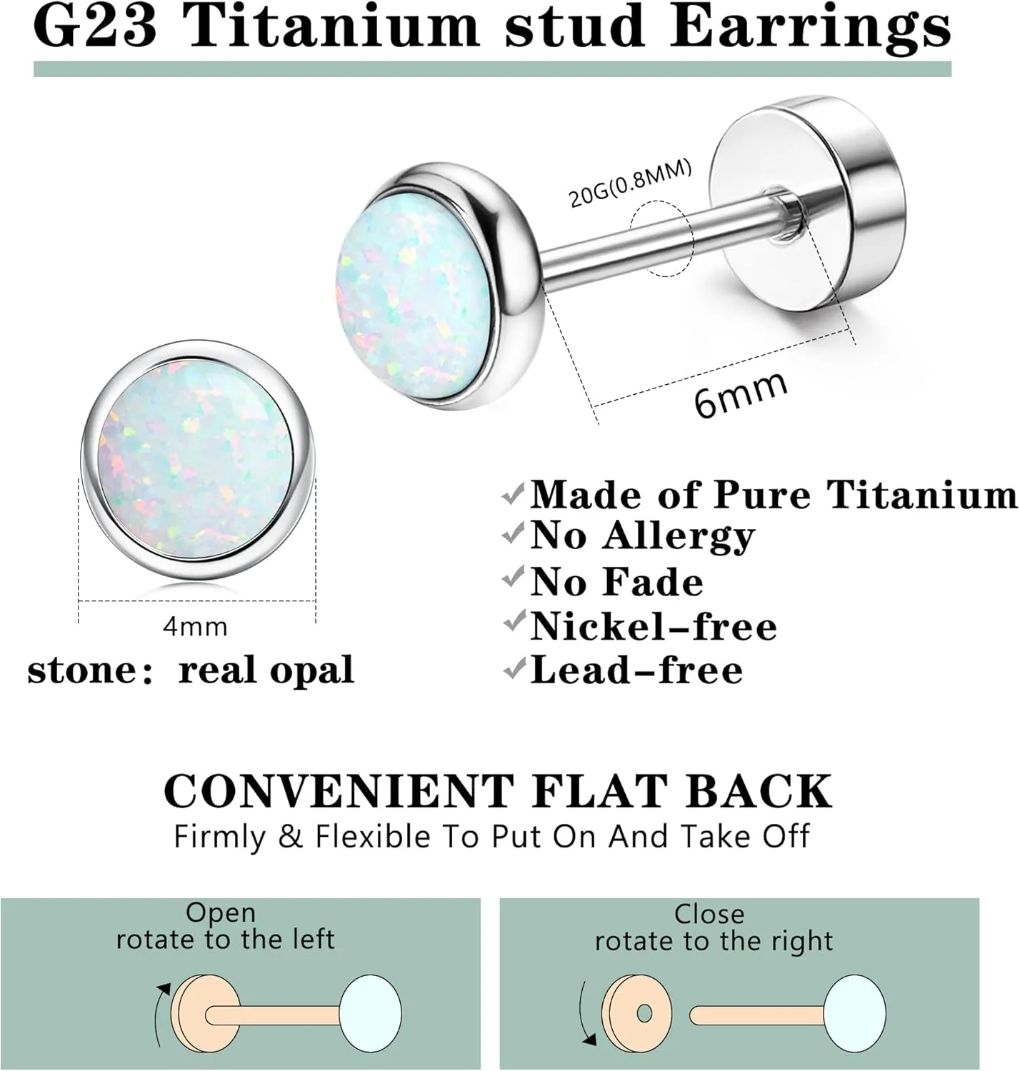 FIBO STEEL G23 Titanium Flat Back Earrings for Women Men Hypoallergenic Opal CZ Ball Tiny Studs Earrings Set for Multiple Piercings Cartilage Helix Tragus Flatback Earrings 6 Pairs 2mm/4mm